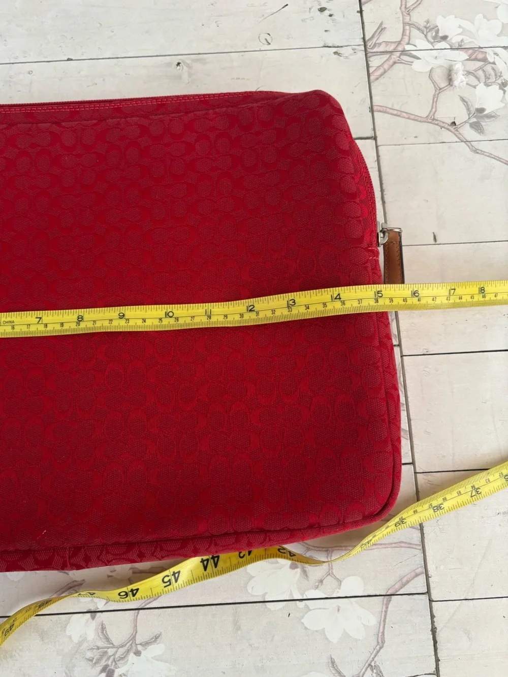 Coach Red Canvas Laptop Sleeve with Tan Leather Center Stripe